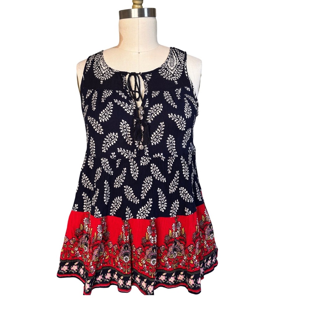 Boho Bila Sleeveless Top Paisley Floral Tassel Tiered Peplum Small Navy Red